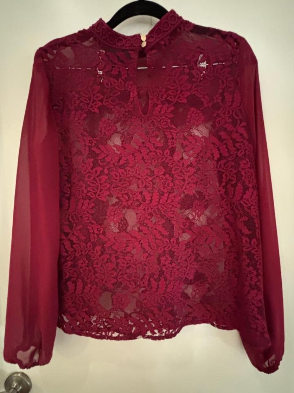 Bold Elements Women Blouse Top SZ M Burgundy Lace Chiffon Semi Transparent